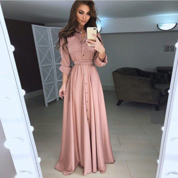 Dresses & Skirts - Long Sleeve Maxi Dress - Blush Pink